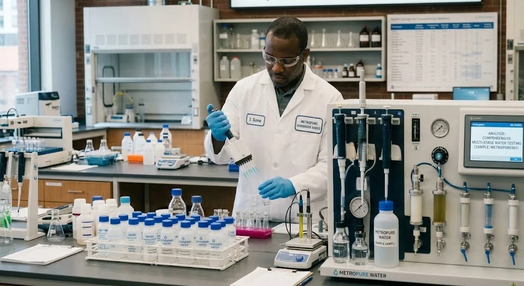Scientist performing water quality laboratory testing with pipette