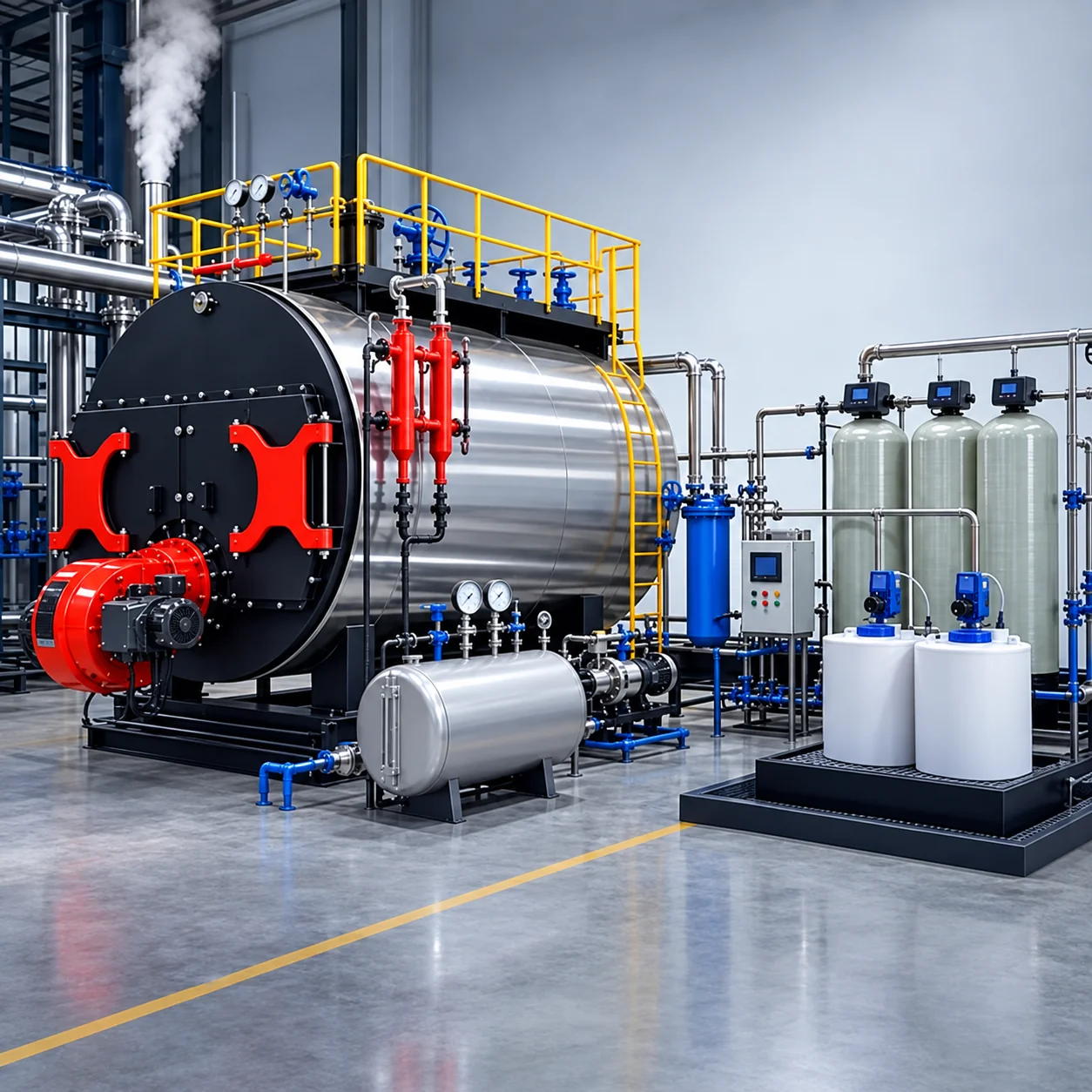 Boiler and feedwater treatment system for industrial plants